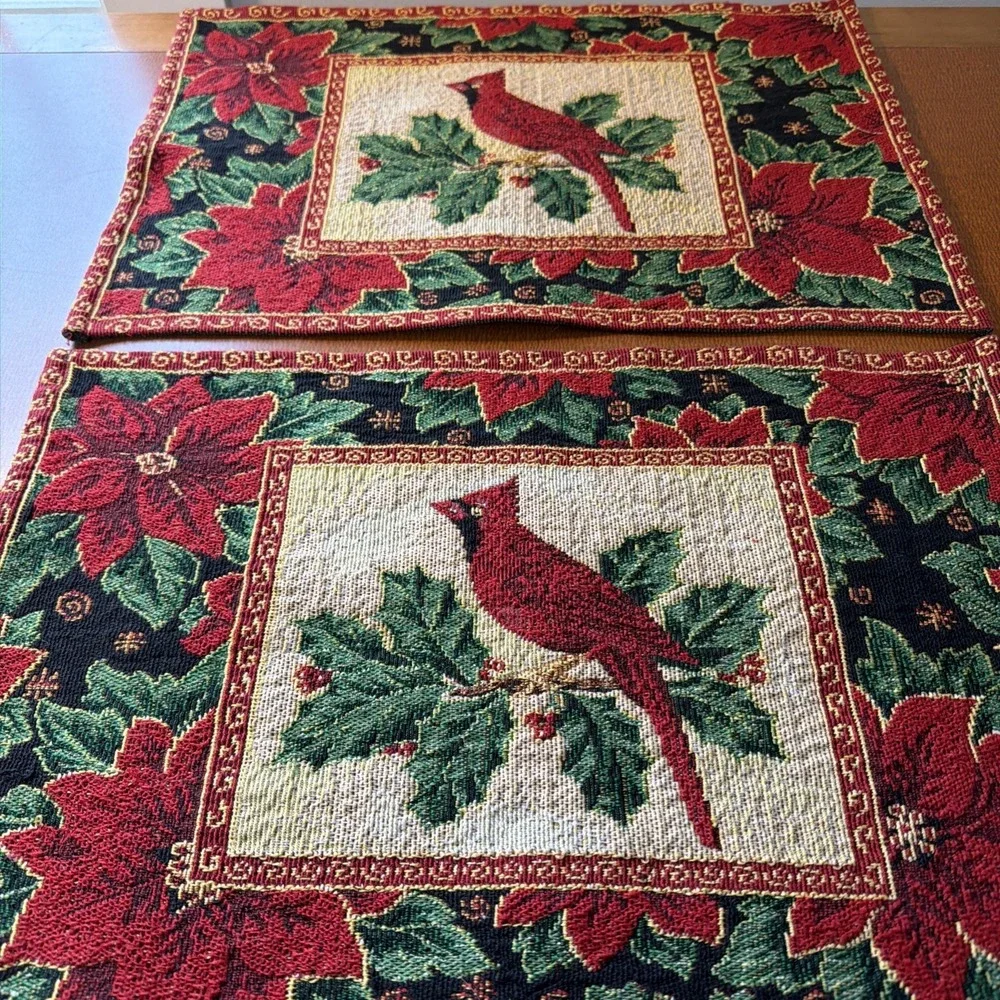 Vintage Christmas Tapestry Placemats Set Of 2 Holiday Cardinal Poinsettia Holly